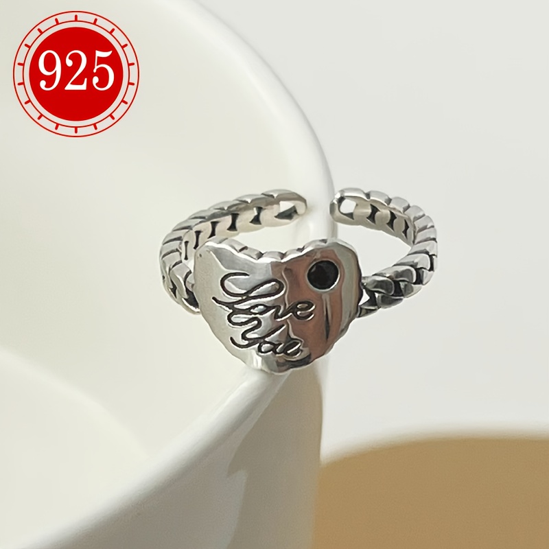 925 Silver Heart Letter Ring Retro Love Chain Finger Ring Tail Ring